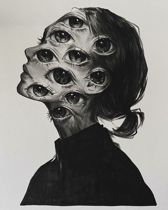 Surreal creepy art of a person with multiple eyes on their face, showcasing nightmare-inspired artistic style from Las Vegas.