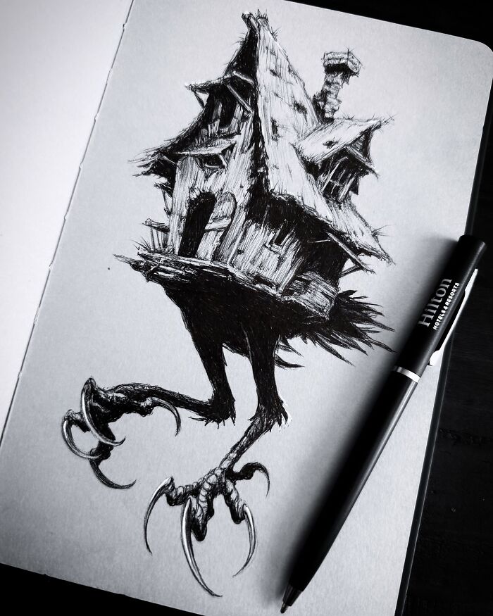 Ink sketch of a creepy house with bird-like legs, showcasing creepy yet gorgeous art from a Las Vegas artist.
