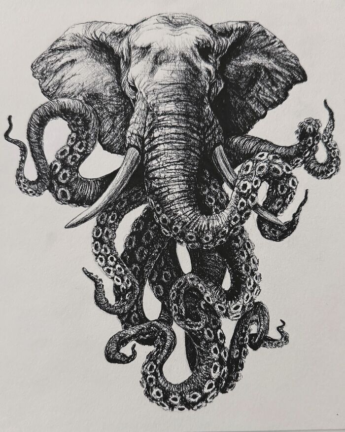 Black and white creepy and gorgeous surreal art combining an elephant head with octopus tentacles in a nightmare-inspired style.