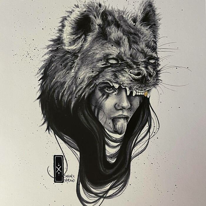 Creepy yet gorgeous art of a woman wearing a snarling wolf headdress, blending nightmare and surreal elements.