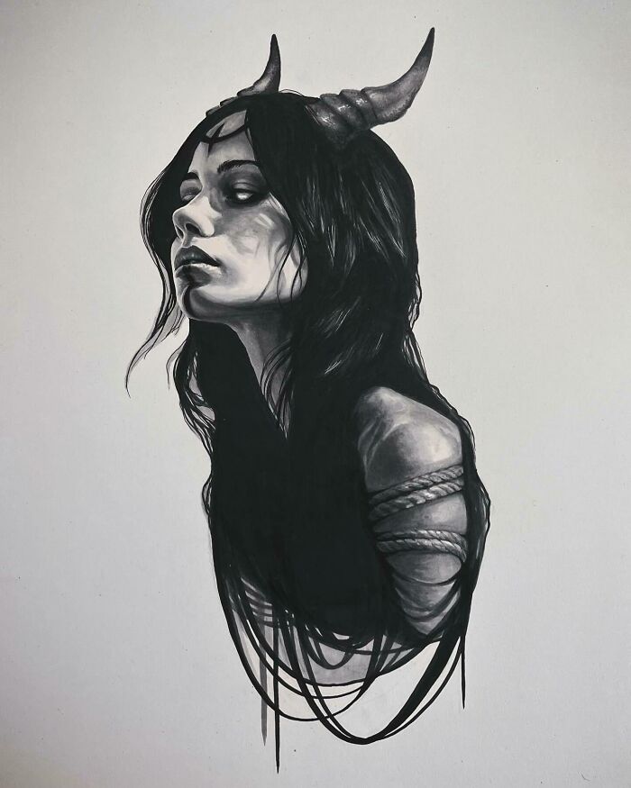 Dark monochrome creepy art of a woman with horns and ropes by a Las Vegas artist creating nightmare-inspired artwork.