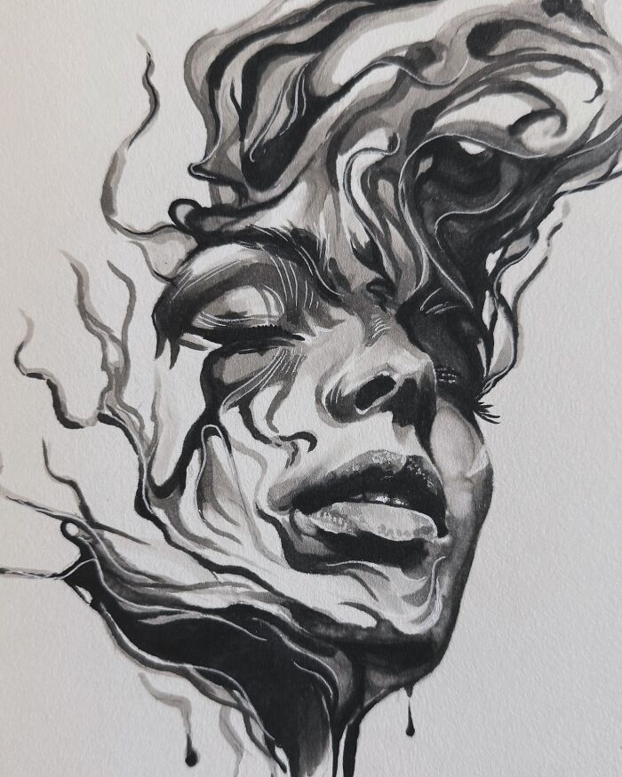 Surreal black and white art of a woman's face blending into smoky, flowing shapes by a Las Vegas artist creating creepy yet gorgeous art.