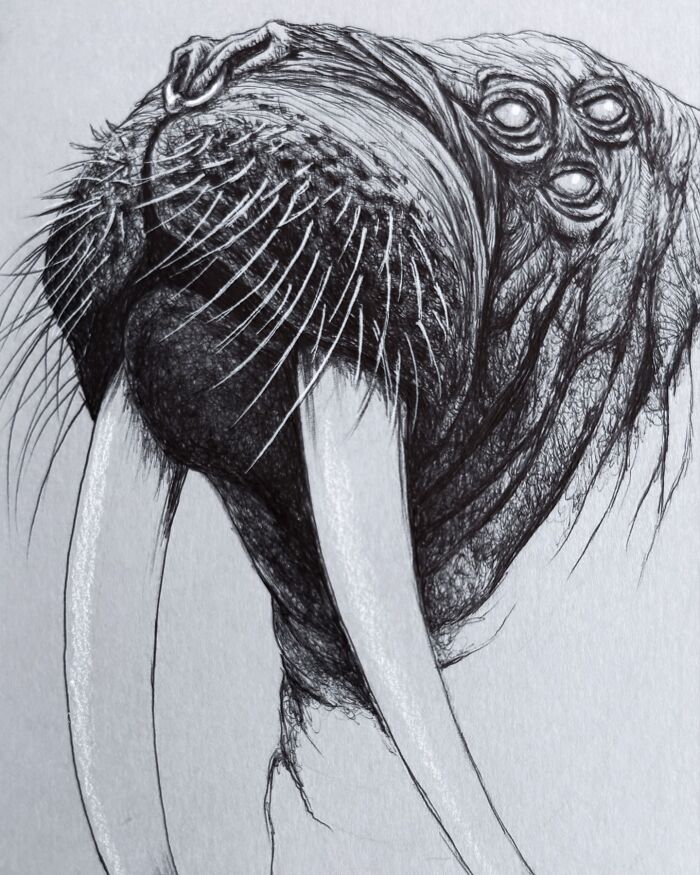Black and white drawing of a creepy yet gorgeous walrus-like creature with multiple eyes, showcasing nightmare-inspired art.