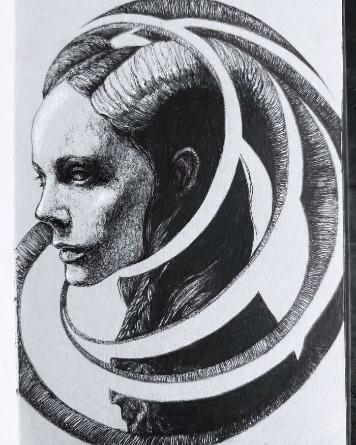 Black and white drawing of a surreal, creepy yet gorgeous art portrait with swirling elements and a detailed face.