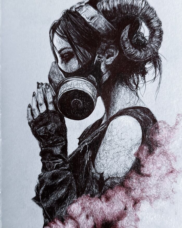 Dark, creepy, and gorgeous artwork of a figure wearing a gas mask and ram horns, evoking a nightmare-like atmosphere.