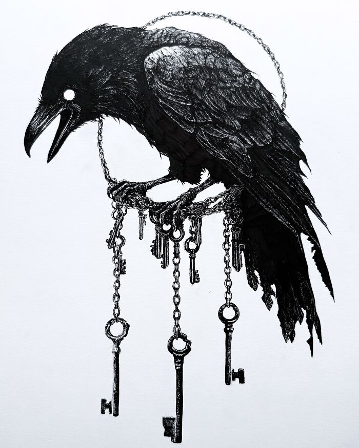 Black ink drawing of a creepy yet gorgeous raven perched with chains and old keys hanging, nightmare-inspired art from Las Vegas artist.