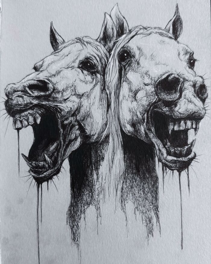 Two horse heads with distorted, creepy features in a dark, nightmare-inspired art style by Las Vegas artist.