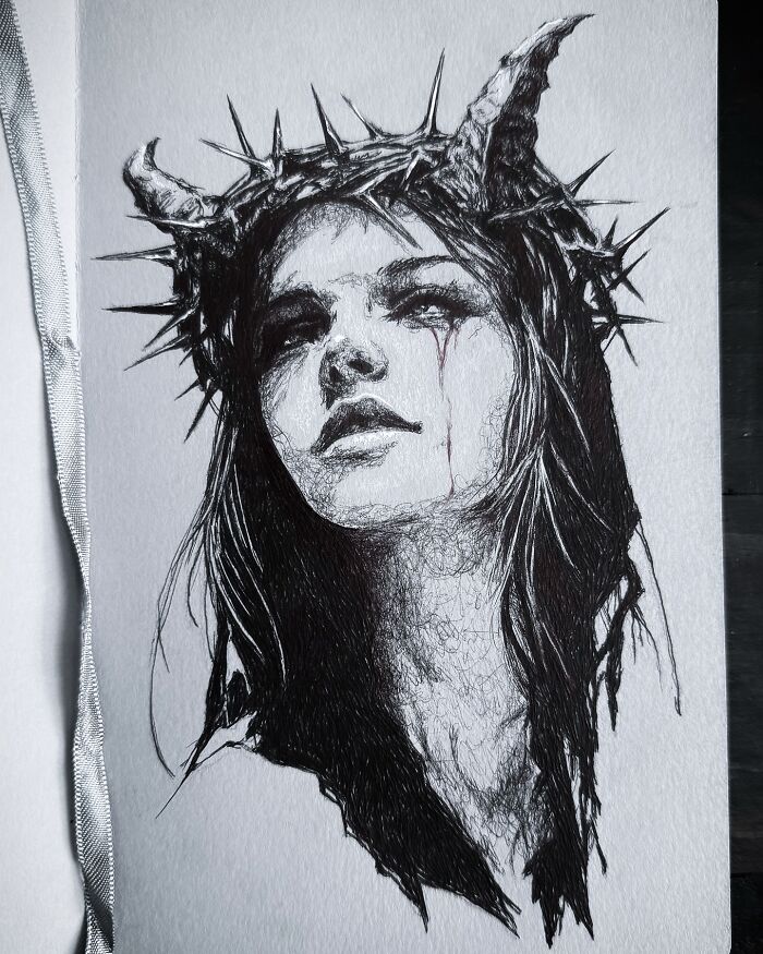 Sketch of a woman with horns and a crown of thorns, created by an artist known for creepy yet gorgeous nightmare-inspired art.