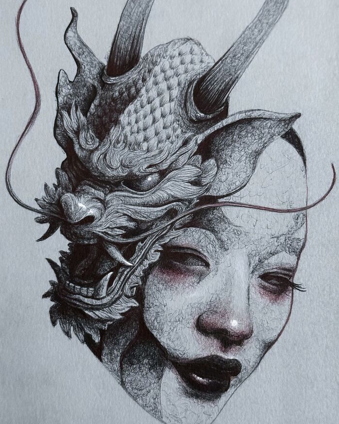 Intricate creepy yet gorgeous art featuring a detailed horned dragon mask blending with a haunting human face.