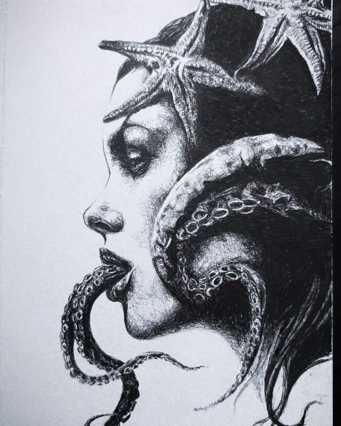 Black and white creepy yet gorgeous art of a woman with octopus tentacles and starfish, evoking a nightmare feel.