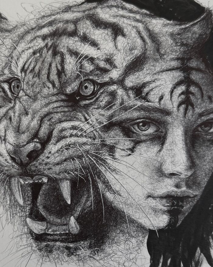 Detailed black and white drawing of a woman merging with a tiger, showcasing creepy yet gorgeous nightmare-inspired art.