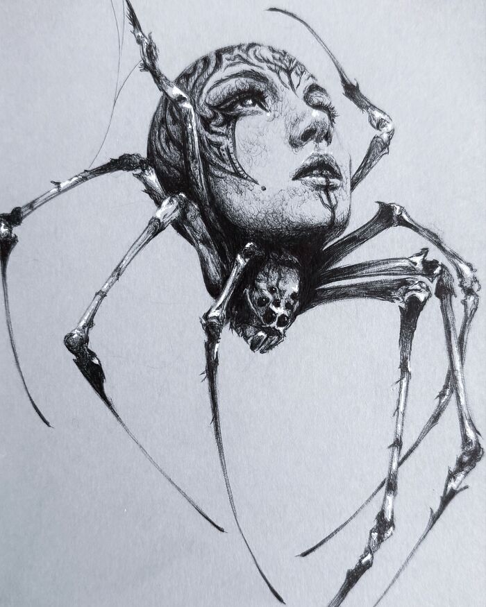 Surreal creepy yet gorgeous art of a spider with a detailed human face, showcasing nightmare-inspired artwork from Las Vegas artist.