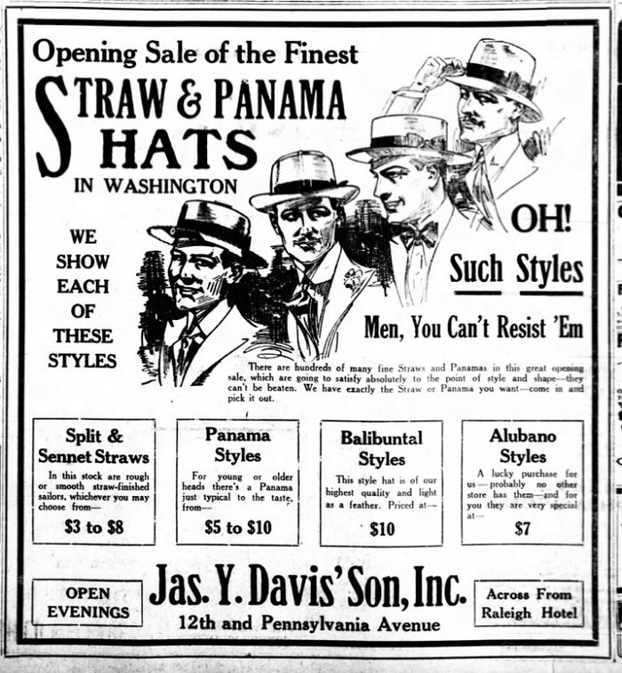 Vintage advertisement for straw and Panama hats with various styles and prices showcased in historical style.