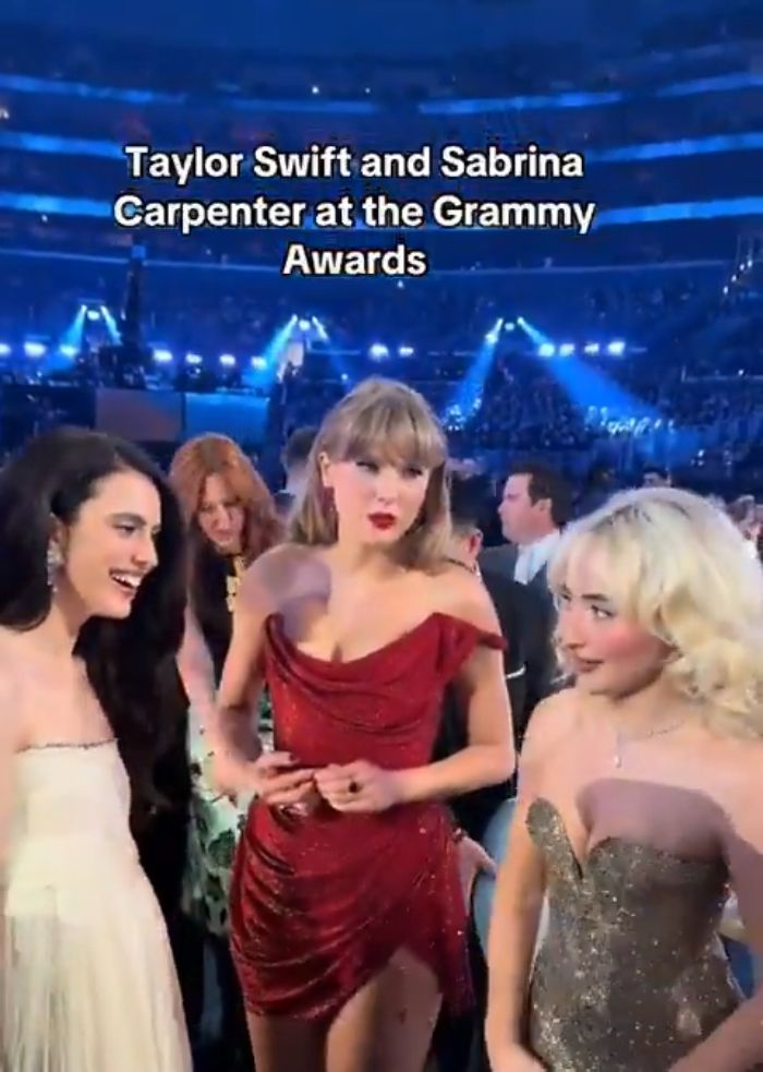 Taylor Swift interacting with Sabrina Carpenter at the Grammy Awards in a widely discussed video about her manners.