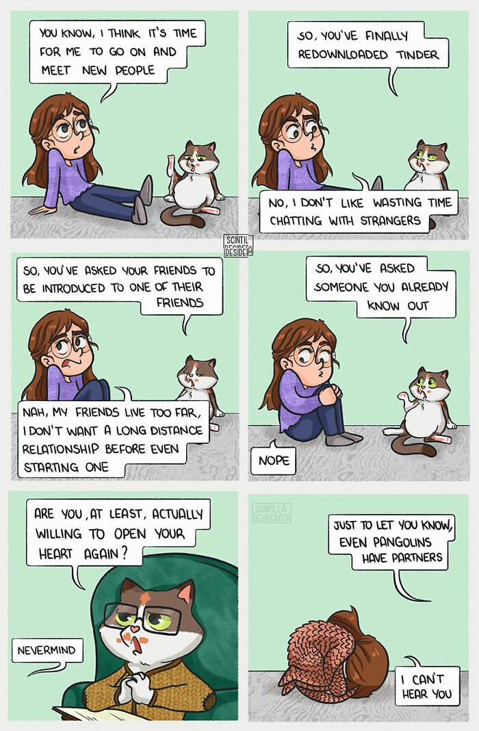 Relatable comic panels depicting everyday humorous conversations about dating and relationships between a woman and animals.