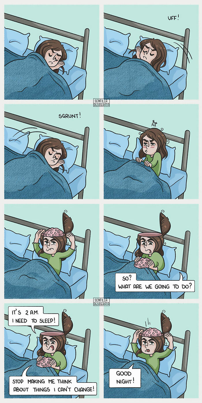 Relatable comics showing the funny side of overthinking at night, with a character struggling to sleep and calming their mind.