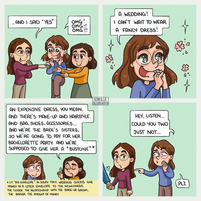 Comic panels showing relatable and funny everyday wedding conversations between sisters, illustrated in a colorful style.