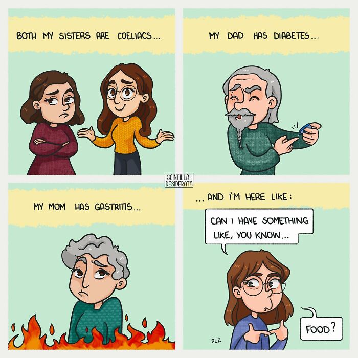 Relatable comic panels depicting everyday health issues with a humorous take on family and food situations.