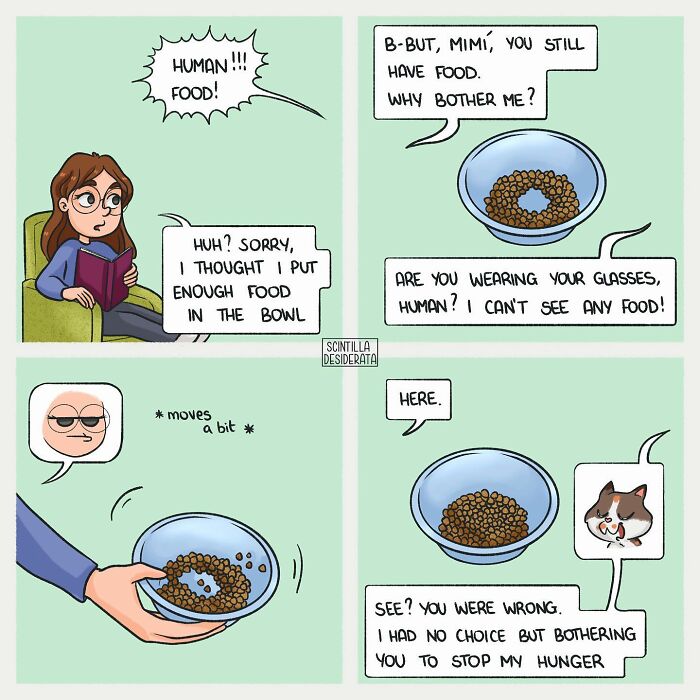 Relatable comic showing a humorous everyday interaction between a cat and its human over food bowl frustrations.