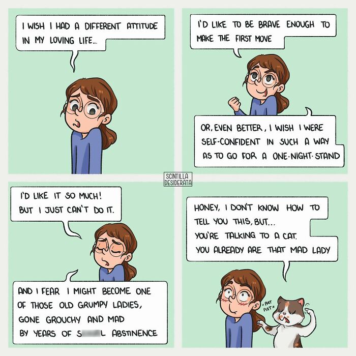 Relatable comic strips showing funny everyday situations with a woman and a cat expressing humorous thoughts.