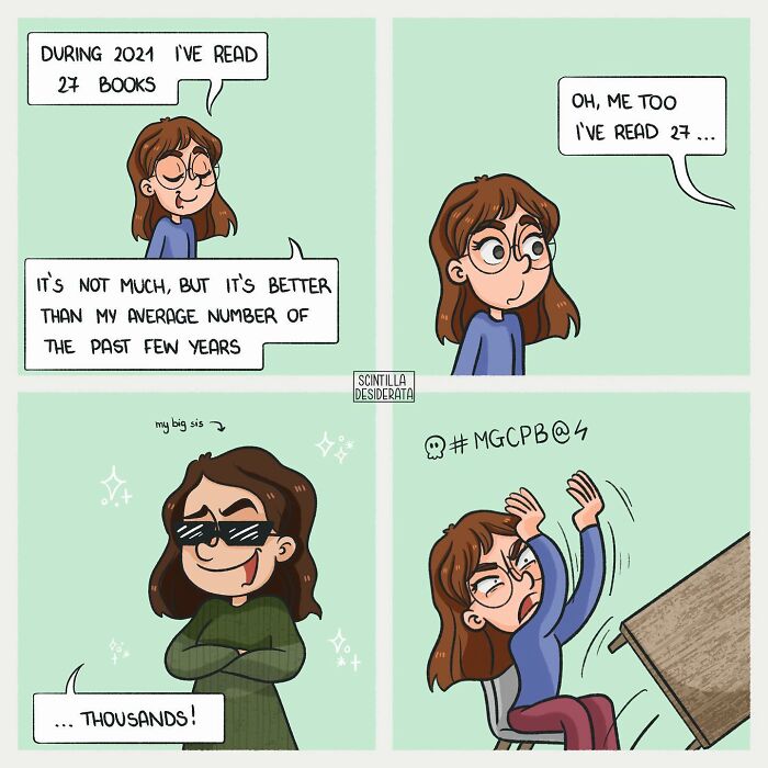 Relatable comics showing the funny side of everyday situations with characters discussing their reading habits humorously.