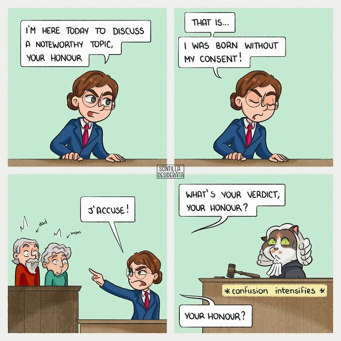 Relatable comics showing the funny side of everyday situations with a humorous courtroom scene and confused judge cat.