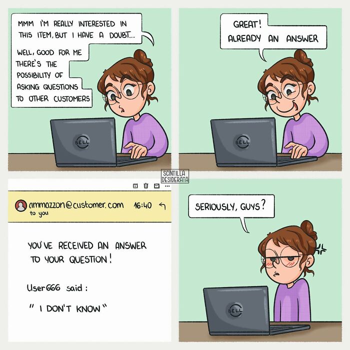 Comic by artist showing funny everyday situation of online shopping questions and unexpected answers on a laptop screen.
