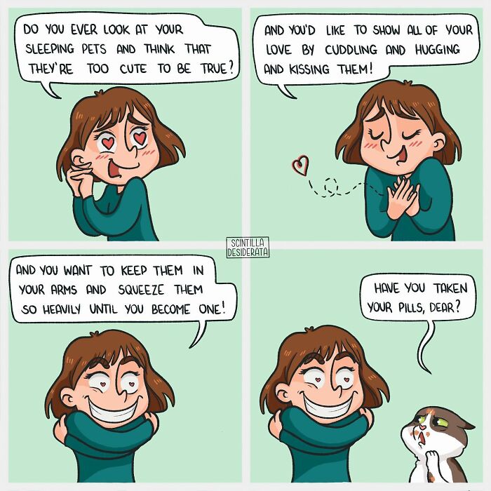 Relatable comics showing the funny side of everyday situations with a character adoring their sleepy pet cat.