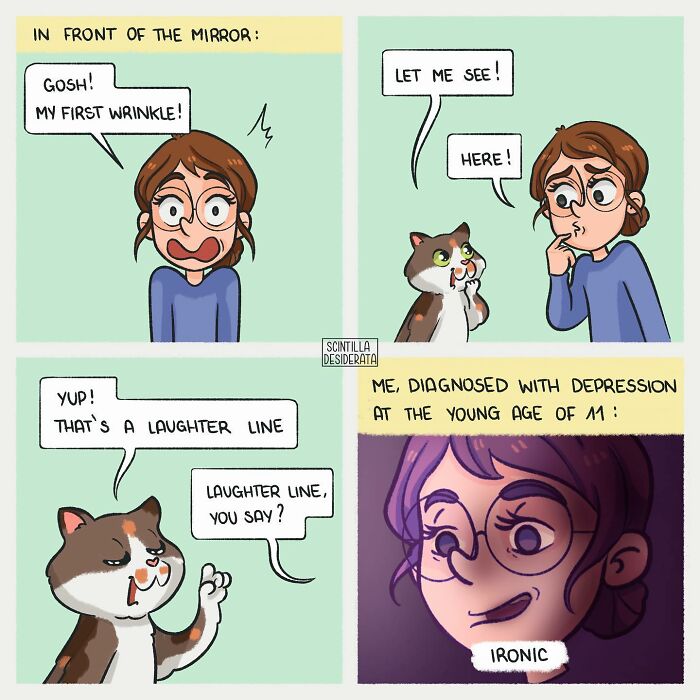 Relatable comic panels showing a woman and her cat humorously discussing wrinkles and depression in everyday life.