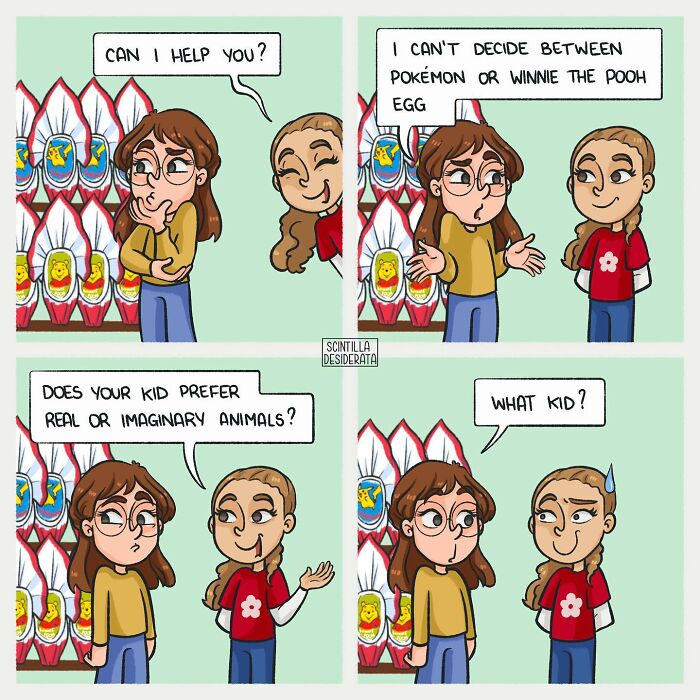 Relatable comic showing two women humorously discussing choosing between Pokémon and Winnie the Pooh eggs in a store aisle.