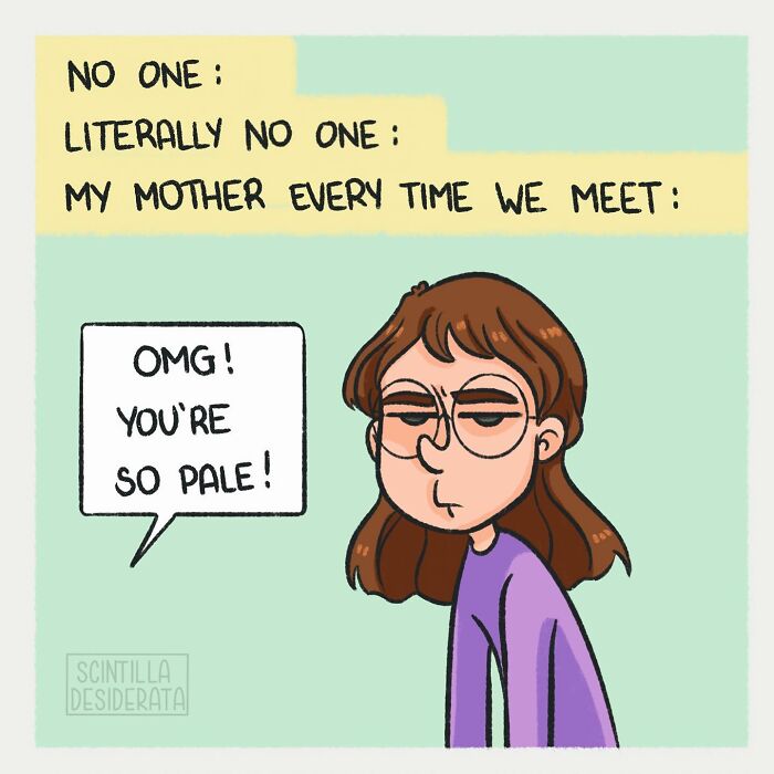 Relatable comic showing a funny everyday moment with a mother commenting on her child's pale skin.