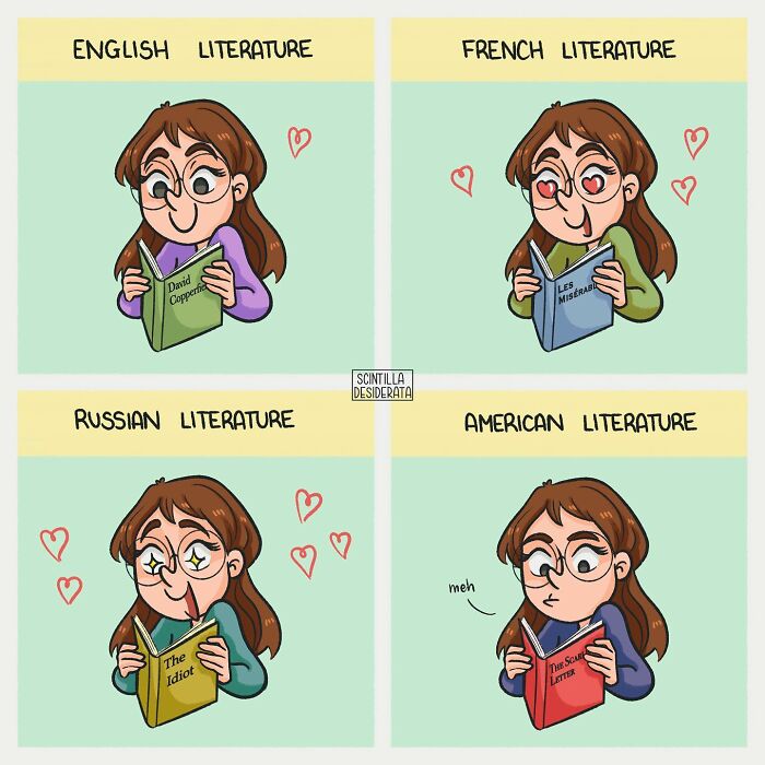 Comic showing relatable literature reactions with funny expressions for English, French, Russian, and American books.
