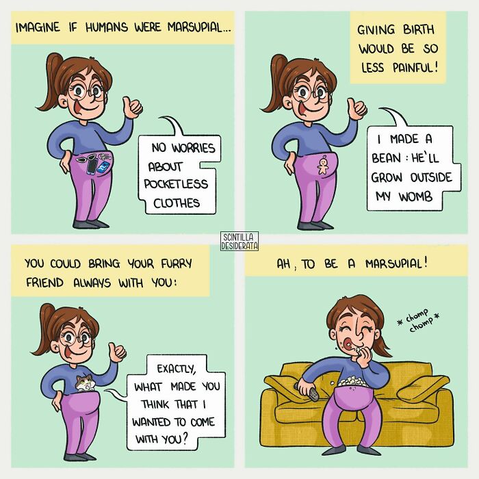 Relatable comic showing a woman imagining humans as marsupials with funny everyday life scenarios.