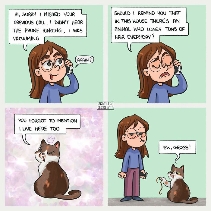Relatable comic showing a funny everyday situation between a woman and her shedding cat on a phone call.