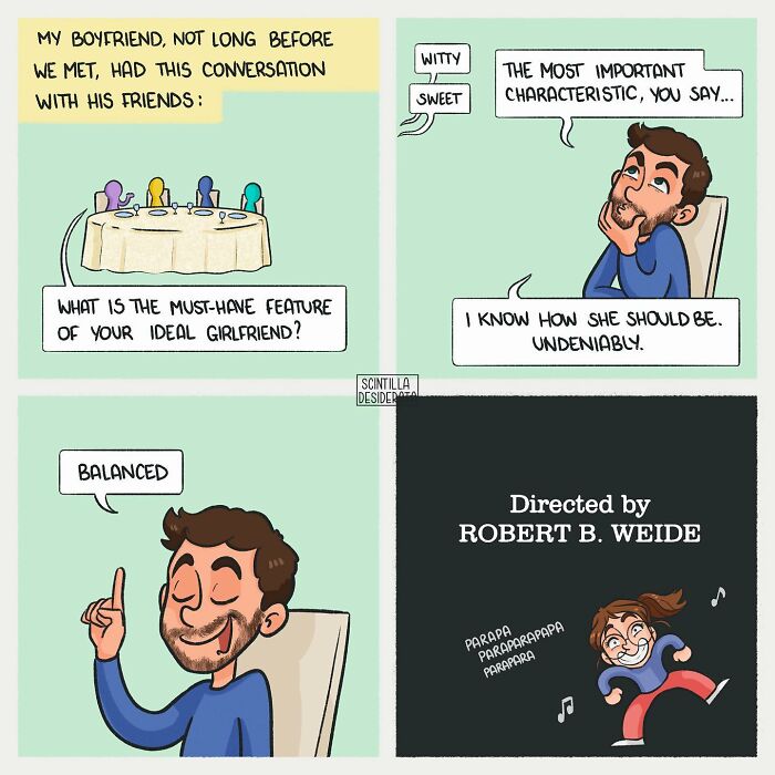 Comic strip by artist showing relatable and funny everyday situations about ideal girlfriend traits and conversation with friends.