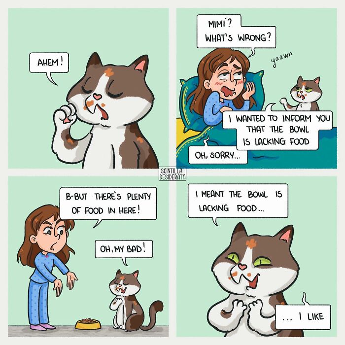 Relatable comics showing a funny everyday situation where a cat humorously miscommunicates about its food bowl.
