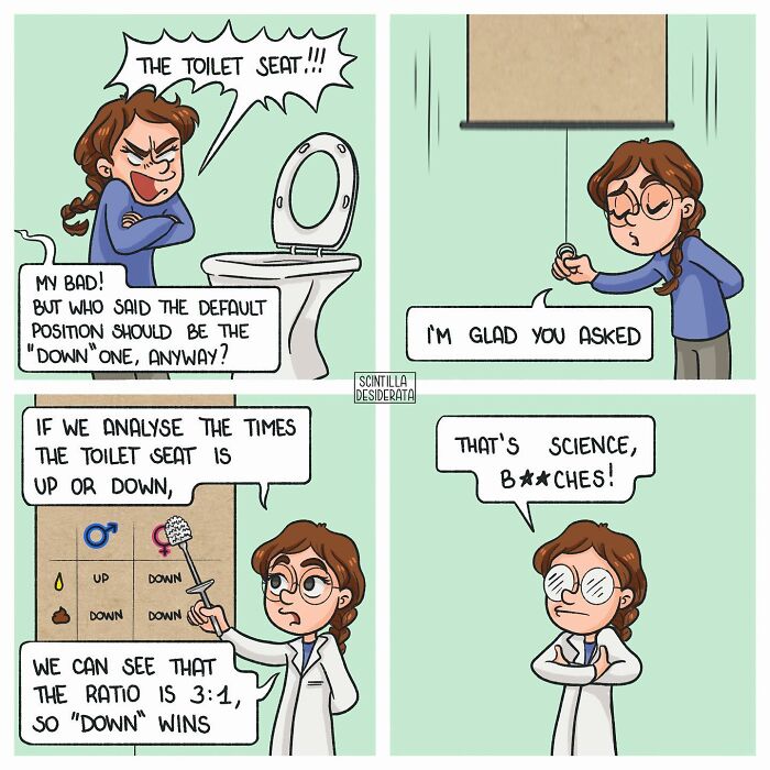 Relatable comic illustrating the funny side of everyday situations about the toilet seat debate with humorous science facts.