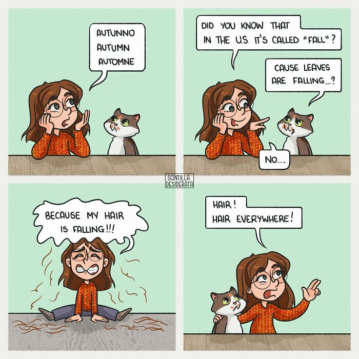 Relatable comic panel shows a woman and her cat humorously discussing hair falling in everyday situations.