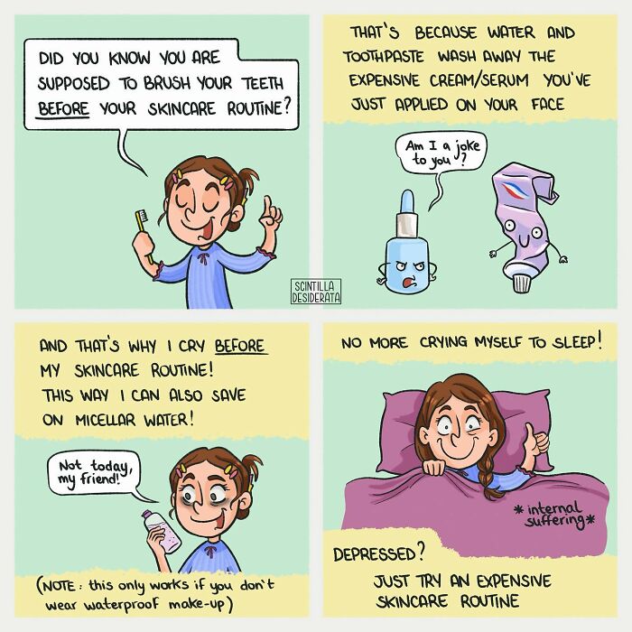 Relatable comics humorously showing everyday situations about skincare routines and beauty product struggles.