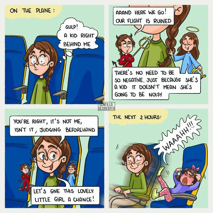 Relatable comic showing the funny side of everyday situations on a plane with a noisy kid behind a passenger.