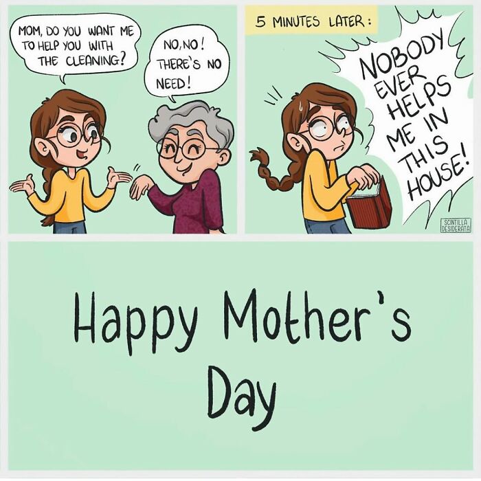 Relatable comic showing funny everyday family moments with a daughter offering help and a humorous Mother’s Day message.