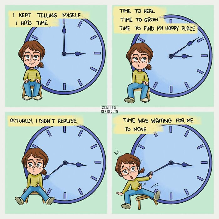 Relatable comic panels showing a character reflecting on time and personal growth with a large clock background.