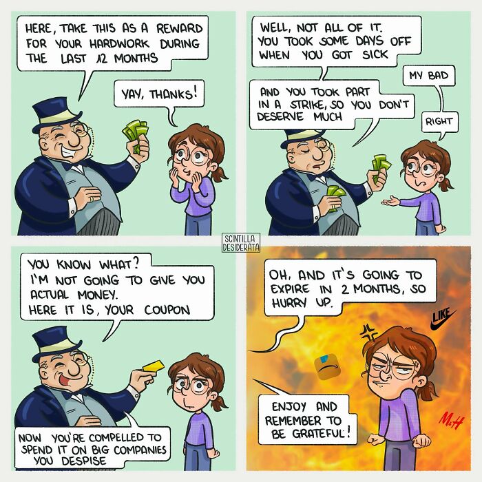 Relatable comics humorously depicting everyday situations with a character receiving a sarcastic reward coupon.