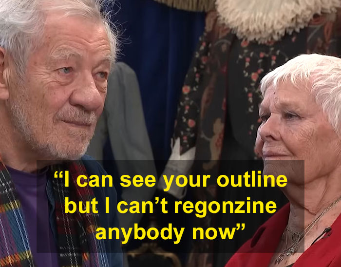 Dame Judi Dench sharing a heartfelt moment about her health, sitting and speaking with an elderly man.