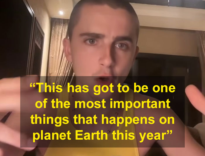 Timothée Chalamet in a tense Zoom call, showing signs of going into psychosis during a troubling PR team meeting. Timothée Chalamet in a tense Zoom call, showing signs of going into psychosis during a troubling PR team meeting.