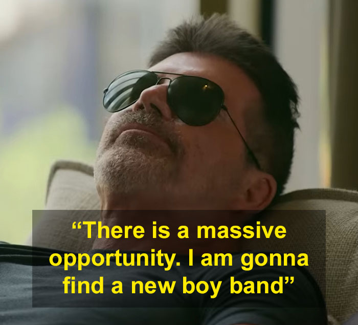 Simon Cowell wearing sunglasses, reclining and reflecting on finding a new boy band amid mental health discussions.