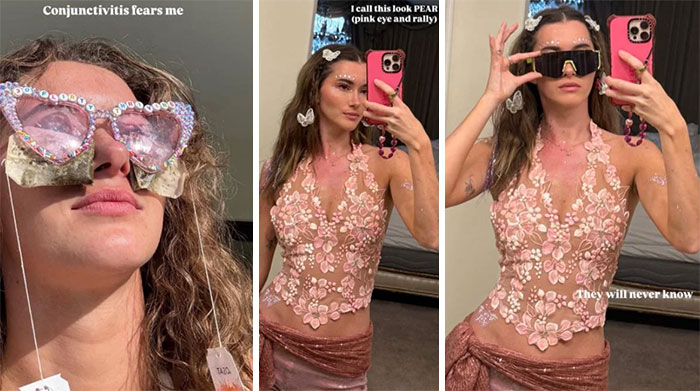 Influencer with eye infection partying, wearing decorated glasses and pink floral outfit, criticized for selfish and irresponsible behavior Influencer with eye infection partying, wearing decorated glasses and pink floral outfit, criticized for selfish and irresponsible behavior