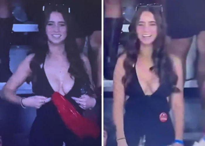 Young stunning woman in a black dress captured at Georgia-Texas game, sparking wild reactions from the crowd.