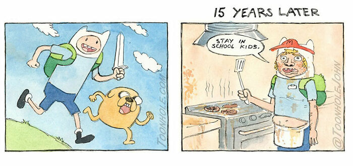 Cartoon characters with dark humor style by Toonhole John, showing a humorous 15 years later scenario in comics.