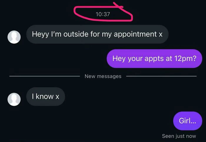 Client texts showing entitlement and misunderstanding of appointment times in a conversation screenshot.